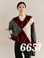 6651-Jm – Damen-V-Ausschnitt-Pullover mit Rautenmuster