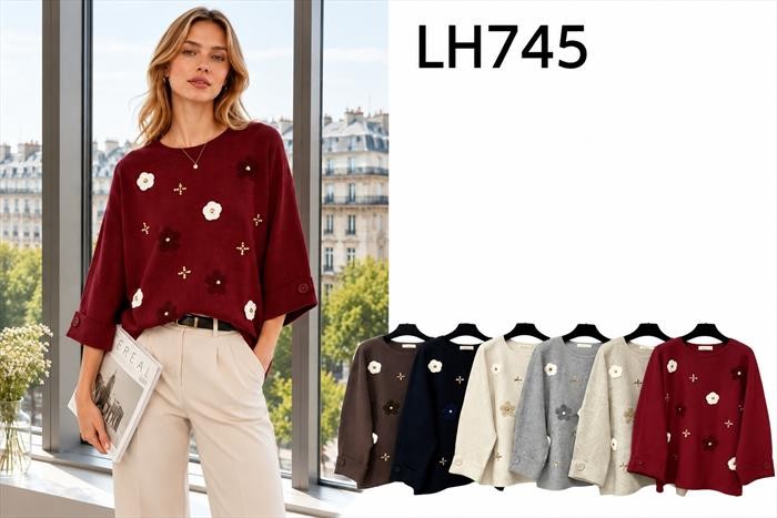 LH745-Ro – Damenpullover mit Blumenverzierung