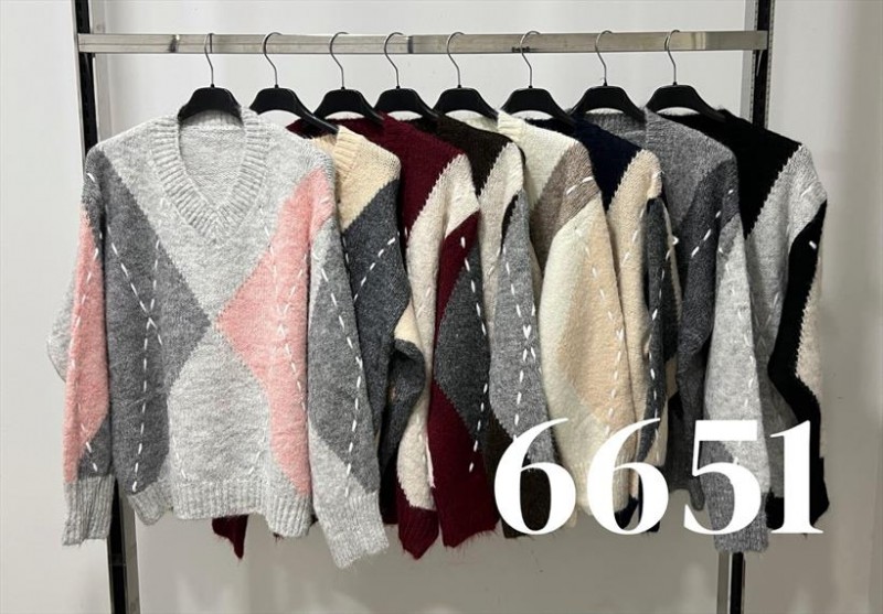 6651-Jm – Damen-V-Ausschnitt-Pullover mit Rautenmuster