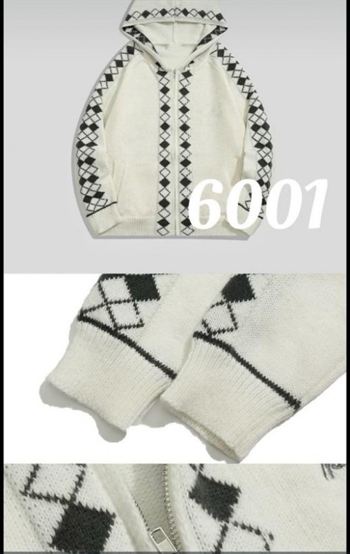 6001-Jm – Damen-Strickjacke mit Kapuze und Rautenmuster
